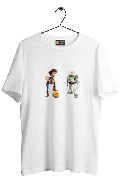 Футболка чоловіча з принтом "Ковбой Вуді та Баз рятівник". Баз рятівник, іграшки, історія іграшок, ковбой вуді, мультфільм, персонажі мультфільму. ART принт на футболках