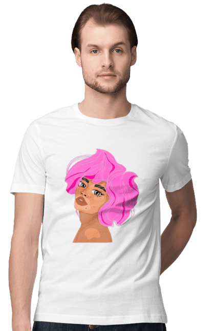 Футболка чоловіча з принтом "Дівчина афро з рожевим волоссям". Афро, дівчина, зачіска, мода, рожевий. CustomPrint.market