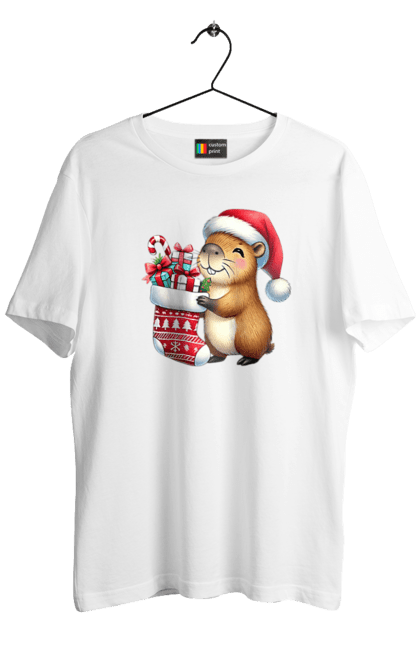 Men's t-shirt with prints Christmas Capybara with a Gift. Animal, capybara, christmas, christmas capybara, gift, holiday, new year, new year`s gift, santa. 2070702