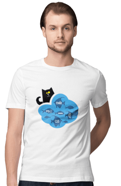 Футболка чоловіча з принтом "Кіт програміст". Angular, c, css, html, it, javascript, jquery, php, python, react, svelt, vue, айтишник, айті, гумор, код, кодувати, прогер, програміст, програмісти, ти ж, ти ж програміст, тиж програміст. 2070702