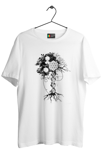 Футболка чоловіча з принтом "Древо життя". Геном людини, дерево життя, золотий перетин, квітка життя, сакральна геометрія, таємниця світобудови, таємниця числа фібоначчі, число бога, число фібоначчі. 2070702