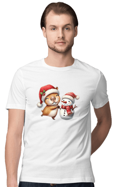 Men's t-shirt with prints Capybara and Snowman. Animal, capybara, christmas, christmas capybara, gift, holiday, new year, new year`s gift, santa, snowman. 2070702