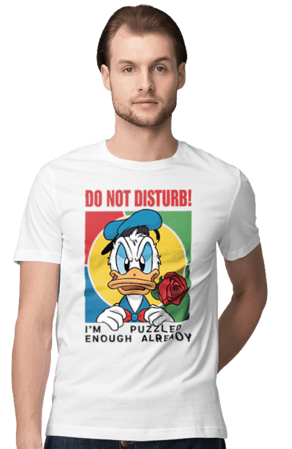 Men's t-shirt with prints Donald Duck Do not disturb!. Animated series, cartoon, disney, do not disturb, donald duck. 2070702