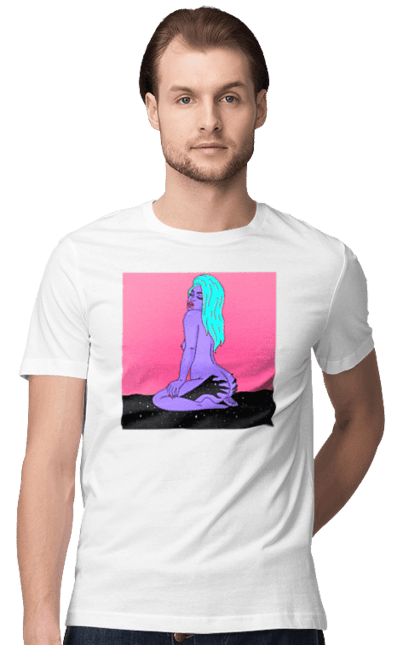 Футболка чоловіча з принтом "Фіолетова Дівчина В Руках". Дівчина, інопланетянка, сидить. 2070702