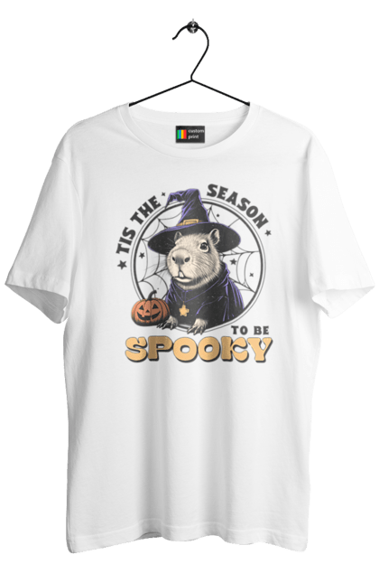 Men's t-shirt with prints Capybara Halloween. Animal, capybara, ghost, halloween, holiday, moon, pumpkin, rodent, witch. 2070702