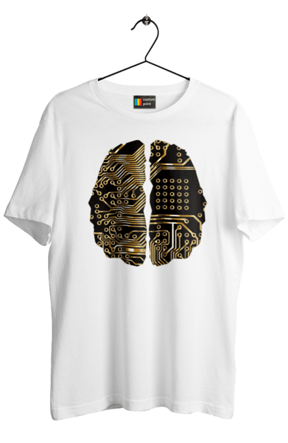 Футболка чоловіча з принтом "Мозок Айті". Айті, айтішник, гик, знання, золотий, золото, інженер, кібер, кібернетика, кіборг, код, комп, кристал, мікросхема, мозок, програміст, професіонал, професія, розробник, розум, чіп. 2070702