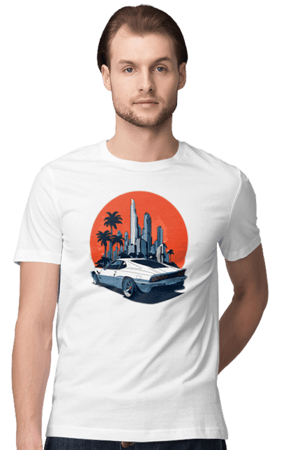 Футболка чоловіча з принтом "Авто". Гонка, захід сонця, спортивний автомобіль, швидкість. 2070702