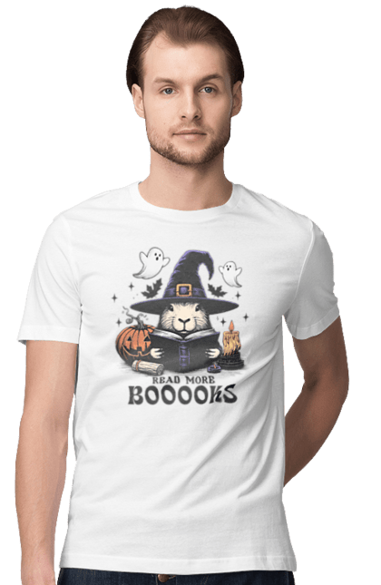 Men's t-shirt with prints Capybara Halloween. Animal, capybara, ghost, halloween, holiday, moon, pumpkin, rodent, witch. 2070702