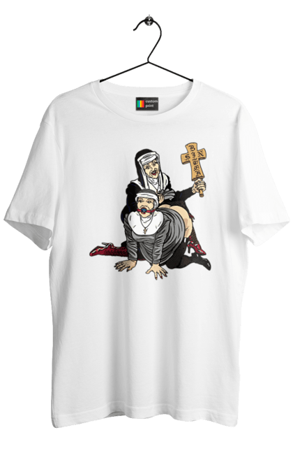 Футболка чоловіча з принтом "Монашки БДСМ". Бдсм, крута, модна, молодіжна, плескає по дупі, рок, рольові ігри, черниці бдсм, черницю, черниця. 2070702