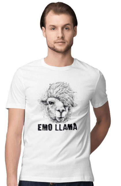 Футболка чоловіча з принтом "Емо Лама". Alpaca, animals, distressed, emo, funny, llama, vintage, емо, лама. 2070702