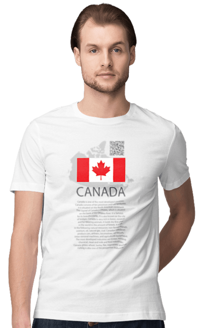 Футболка чоловіча з принтом "Канада. Коротка довідкова інформація". Qr код, веб-сайт уряду канади, держава, довідкове, інформація, канада, канадець, канадка, канадці, країна, лого, північна америка, подорожі, прапор, символіка, туризм. KRAINA. Футболки для мандрівників