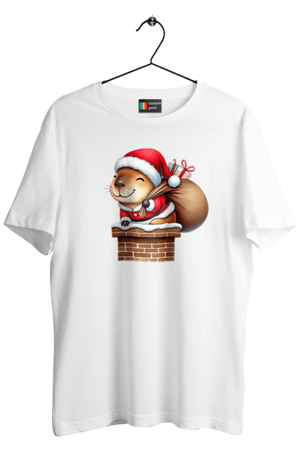 Men's t-shirt with prints Christmas Capybara with a Gift. Animal, capybara, christmas, christmas capybara, gift, holiday, new year, new year`s gift, santa. 2070702