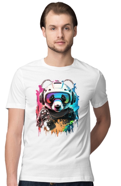 Men`s t-shirt with prints Panda in VR Helmet. Character, geek, helmet, panda, virtual reality. 2070702