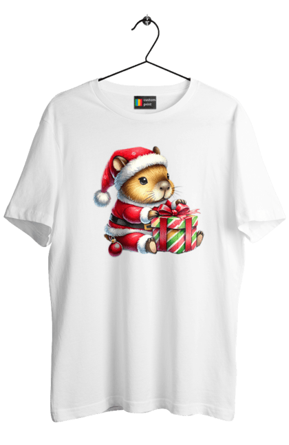 Men's t-shirt with prints Christmas Capybara with a Gift. Animal, capybara, christmas, christmas capybara, gift, holiday, new year, new year`s gift, santa. 2070702