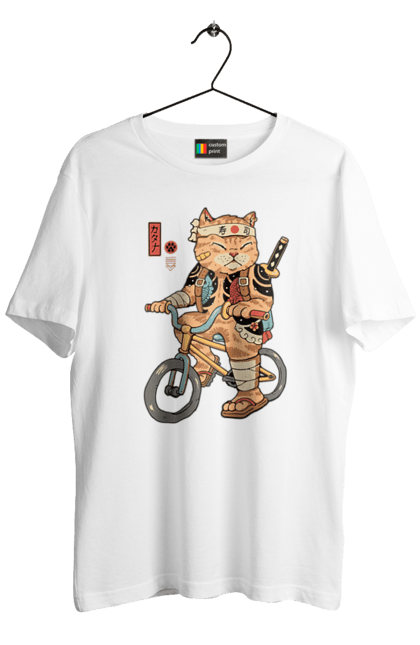 Футболка чоловіча з принтом "Кіт на велосипеді". Велосипед, кинжал, китайський кіт, кіт, самурай, шабля, японський кіт. CustomPrint.market