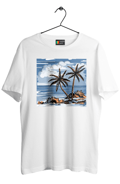 Футболка чоловіча з принтом "Пальми І Небо". Море, небо, пальми, хмари. 2070702
