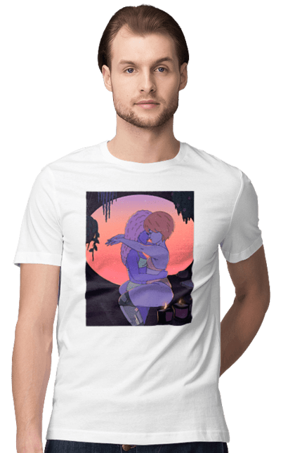 Men`s t-shirt with prints Purple Girls Hugging. Hug, sunset. 2070702