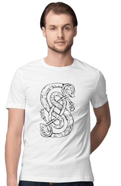 Футболка чоловіча з принтом "Символ Локі". Візерунок, змії, змії урн, локи, міфологія, північна міфологія, символ, скандинавія, уроборос. Loyena Shop