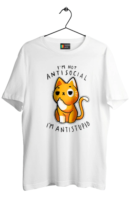 Футболка чоловіча з принтом "Не антисоціальний, а антидурний". Антидурний, антисоціал, гумор, іронія, кіт, мем, прикол, сарказм, хейт, цинізм. 2070702