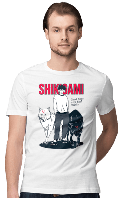 Men's t-shirt with prints Jujutsu Kaisen Megumi. Anime, dark fantasy, fushiguro, fushiguro megumi, jujutsu kaisen, magic battle, manga, megumi, mystic. 2070702