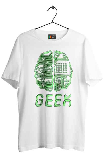 Футболка чоловіча з принтом "Гик Мозок Неоновий". Айті, айтішник, гик, друкована плата, зелений, знання, інженер, кібер, кібернетика, кіборг, код, комп, комп’ютерник, кристал, мікросхема, мозок, неон, неоновий, програміст, професіонал, професія, розробник, розум, світиться, світло, чіп. 2070702