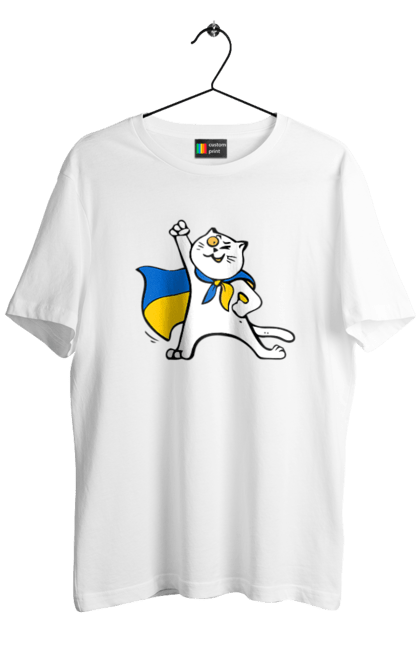 Футболка чоловіча з принтом "Білий кіт з прапором України". Кіт, кіт з прапором, кіт патріот, патріот, символ україни, україна. Print Shop