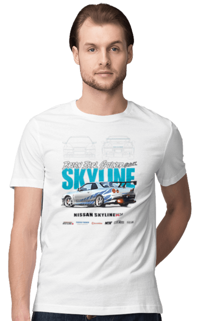 Футболка мужская с принтом Nissan Skyline. Nissan, nissan skyline, skyline, авто, автомобиль, машина, ниссан, скайлайн. 2070702