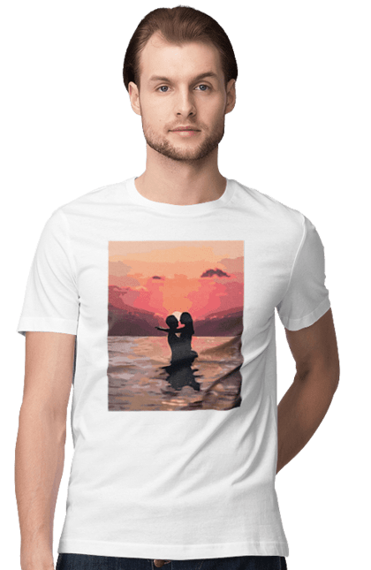 Футболка чоловіча з принтом "Секс у заході сонця". Захід сонця, природа та любов, секс на морі, секс та природа. ART принт на футболках