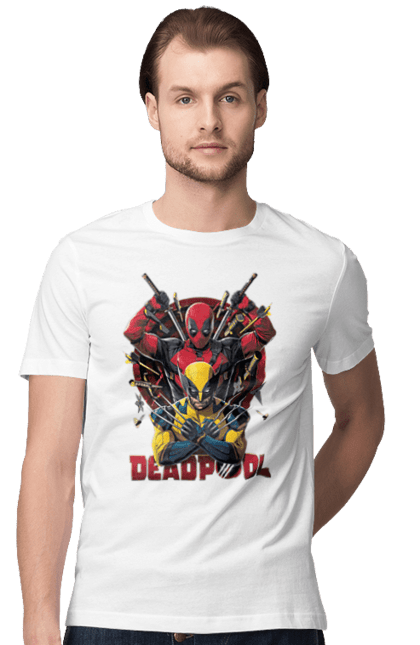 Men's t-shirt with prints Deadpool & Wolverine. Action movie, comic, deadpool, fantasy, film, logan, marvel, mutant, superhero, x-men. 2070702