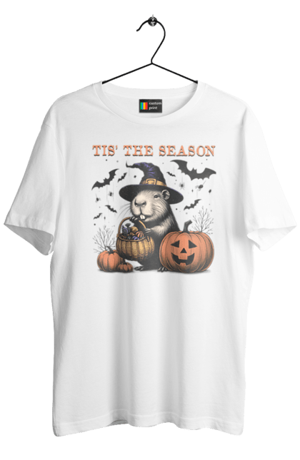 Men's t-shirt with prints Capybara Halloween. Animal, capybara, ghost, halloween, holiday, moon, pumpkin, rodent, witch. 2070702