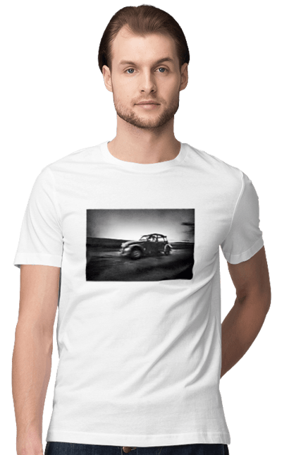 Футболка чоловіча з принтом "Ретро машина чб". Авто, ретро, ретро машина, чорно біла машина. 2070702