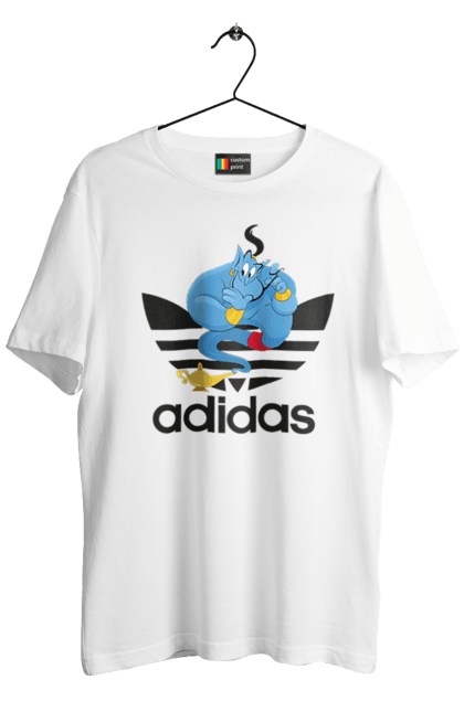 Футболка мужская с принтом Adidas Джинни. Adidas, aladdin, genie, адидас, аладдин, джинни, мультфильм, персонаж. 2070702