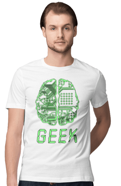 Футболка чоловіча з принтом "Гик Мозок Неоновий". Айті, айтішник, гик, друкована плата, зелений, знання, інженер, кібер, кібернетика, кіборг, код, комп, комп’ютерник, кристал, мікросхема, мозок, неон, неоновий, програміст, професіонал, професія, розробник, розум, світиться, світло, чіп. 2070702