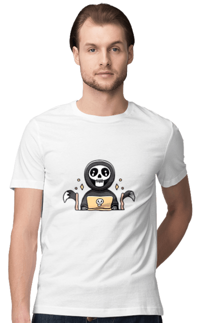 Футболка чоловіча з принтом "Темний розробник програміст". Brain, geek, linux, php, ай ти, ай ті, баг, геймер, гік, гра в кальмара, де баг, код, лаптоп, лінукс, пранк, програміст, розробник, смерть, сміх, смішне, ютер. 2070702