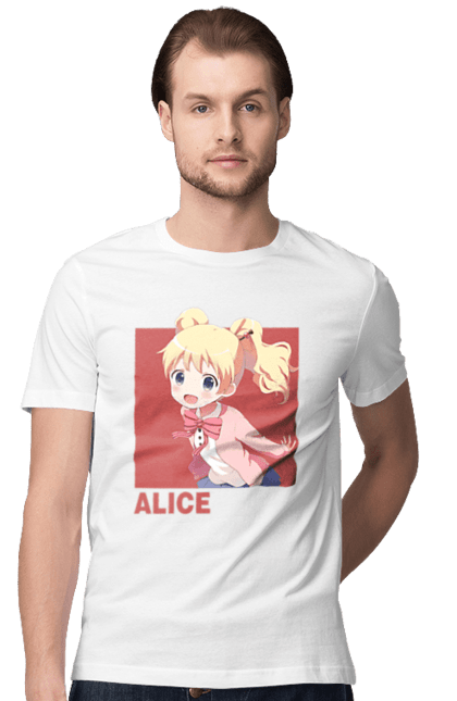 Футболка мужская с принтом Золотая мозаика Алиса Картелет. Alice cartelet, anime, kiniro mosaic, kinmoza, manga, алиса, алиса картелет, аниме, золотая мозаика, манга. 2070702