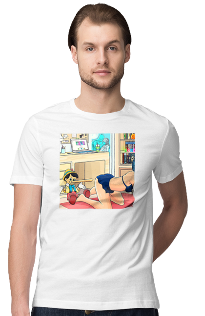 Men`s t-shirt with prints Pinocchio In The Adult Tale. Batman, joke, kiss, naked, pinocchio. 2070702
