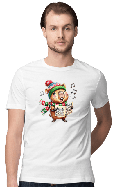 Men's t-shirt with prints Capybara sings Christmas songs. Animal, capybara, choir, christmas, christmas capybara, gift, holiday, music, new year, santa. 2070702