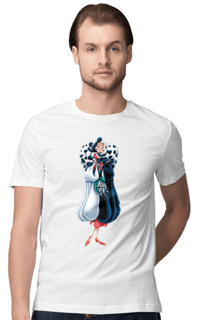 Men's t-shirt with prints Cruella, Dalmatian. Cartoon, cruella, dalmatian, fur coat, villain. CustomPrint.market
