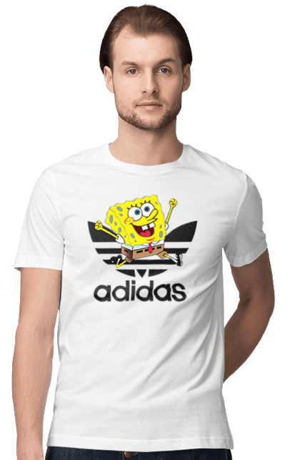 Футболка мужская с принтом Adidas Губка Боб. Adidas, spongebob, адидас, баскетбол, губка боб, мультик, мультсериал, мяч, спанч боб, спорт. 2070702