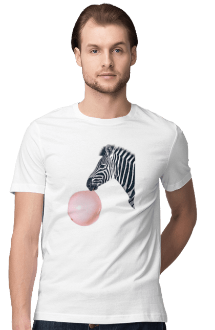 Футболка чоловіча з принтом "Зебра з жувальною гумкою". Жуйка, зебра, куля, літо, смуга, тварина. ART принт на футболках