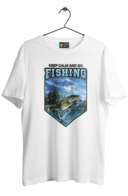 Футболка чоловіча з принтом "Keep Calm and Go Fishing". Відпочинок на природі, для рибалок, для чоловіків, мисливці та риболови, природа, рибалка, риболовля, спінінг, хоббі. 2070702
