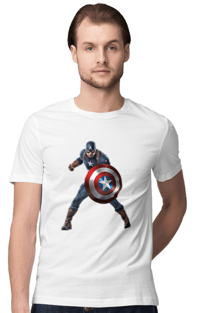 Футболка чоловіча з принтом "Капітан Америка". Америка, герой, капітан, квм, комікси, марвел, месники, роджерс, стів, супергерой, щит. CustomPrint.market