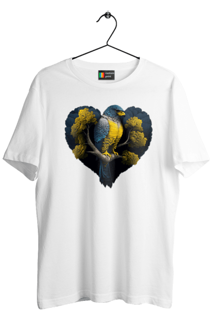 Men`s t-shirt with prints Blue and yellow falcon. Falcon, flag of ukraine, heart, symbol of ukraine, tree, ukraine. 2070702