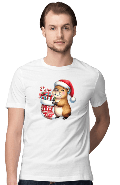 Men's t-shirt with prints Christmas Capybara with a Gift. Animal, capybara, christmas, christmas capybara, gift, holiday, new year, new year`s gift, santa. 2070702