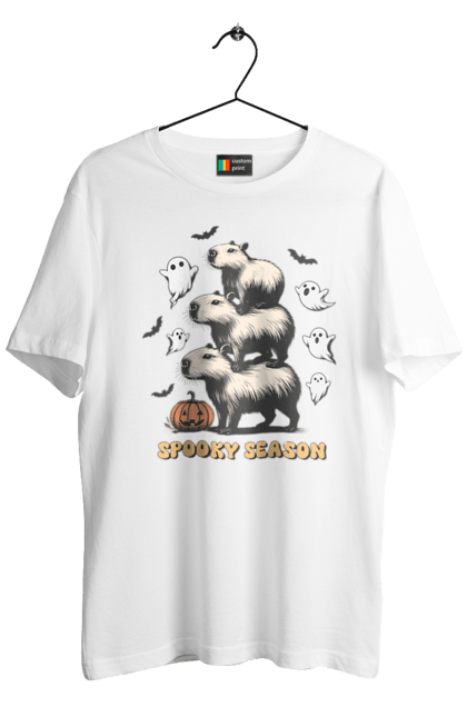 Men's t-shirt with prints Capybara Halloween. Animal, capybara, ghost, halloween, holiday, moon, pumpkin, rodent. 2070702