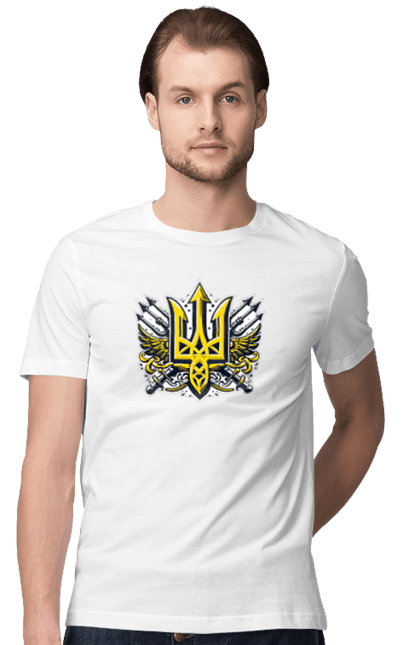 Футболка чоловіча з принтом "Символіка україни". Герб, патріотичні зображення, символіка, тризуб, україна. УкрФутболка