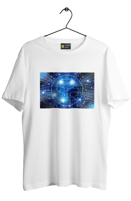 Футболка чоловіча з принтом "Штучний інтелект". Айті, айтішник, гік, знання, інженер, інтелект, кібер, кібернетика, кіборг, код, комп, комп`ютерник, кристал, машинне навчання, мікросхема, мозок, портрет, програміст, професіонал, професія, розробник, розум, хакер, чіп, штучний інтелект, штучний розум. 2070702