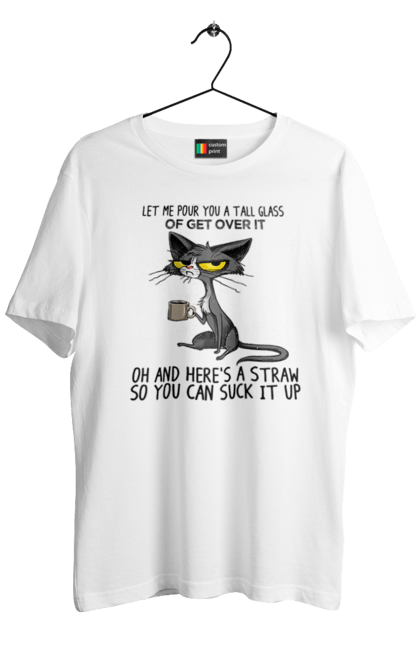 Футболка чоловіча з принтом "Як це пережити?". Велика склянка, випий, все відмінно, йди нахуй, кіт і кухоль, налий, роздум, смоктати, як це подолати. 2070702