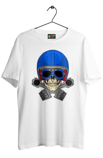 Футболка чоловіча з принтом "череп мотолюбитель". Байкер, окуляри, череп, шолом. 2070702