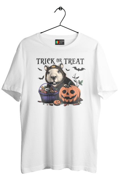 Men's t-shirt with prints Capybara Halloween. Animal, capybara, halloween, holiday, moon, pumpkin, rodent. 2070702